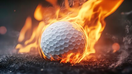 Flaming golf ball engulfed in fire, intense heat, dramatic lighting.