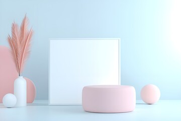 Fototapeta premium Minimalist composition with soft pink and blue tones, featuring a white vase with pastel pink dried palm leaves, a round ottoman, and geometric decor in a modern, serene setting