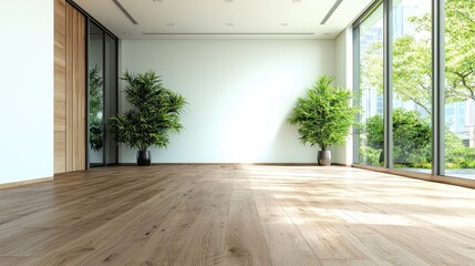 Obraz premium Spacious modern room with hardwood floors, large windows showing city views, and potted plants. Ideal for real estate listings