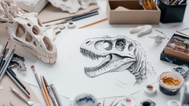 Dinosaur sketching session art studio drawing creative workspace close-up artistic exploration