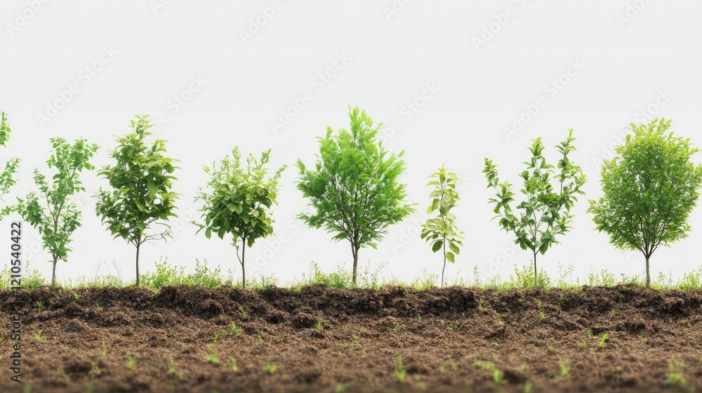 Aufkleber a time-lapse effect of a tree planting area showing the stages of growth from sapling to young tree,