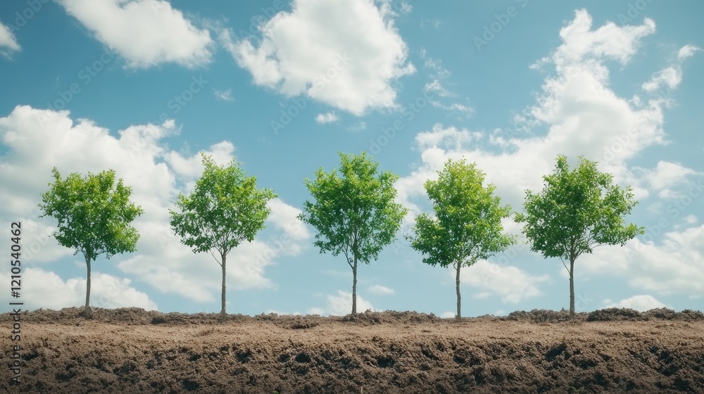 Aufkleber a time-lapse effect of a tree planting area showing the stages of growth from sapling to young tree,
