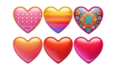 A vibrant collection of six glossy heart shapes, each adorned with a unique design