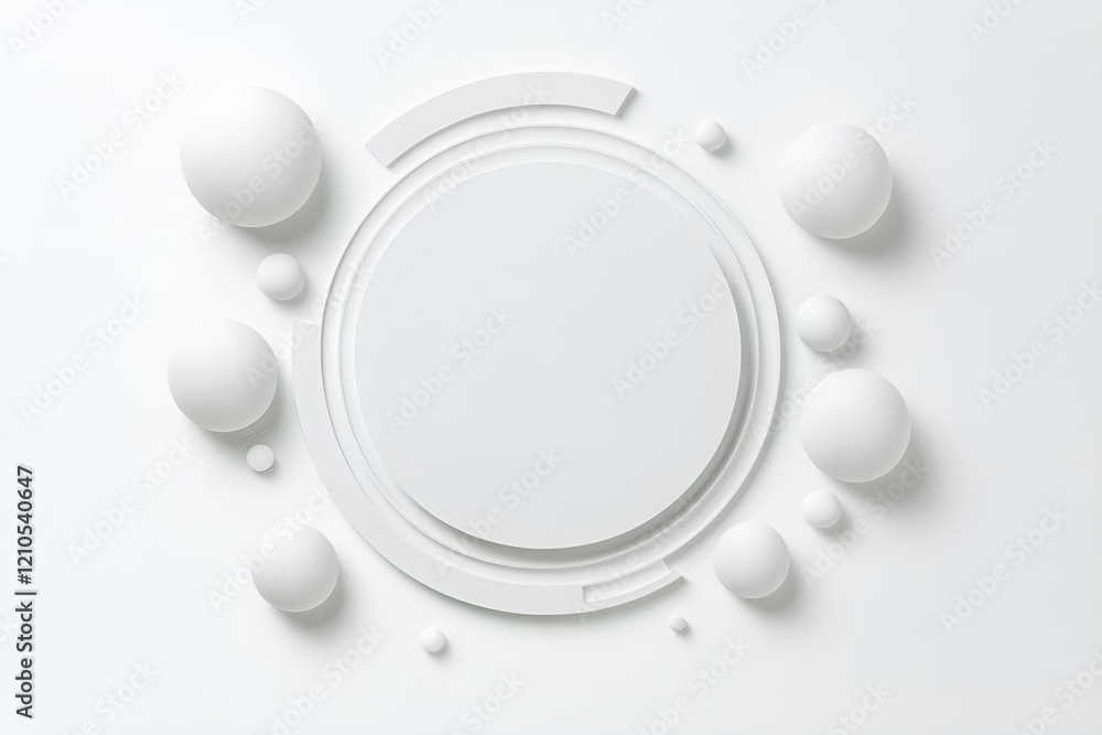 Poster abstract white composition with layered circular elements and spherical shapes arranged symmetricall
