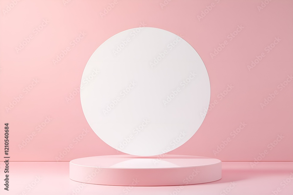 Poster minimalist composition featuring a large white circular shape hovering above a round platform in sof