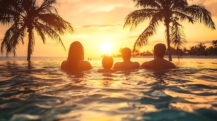 Family sunset swim, tropical pool, ocean view, vacation