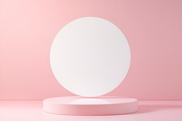Minimalist composition featuring a large white circular shape hovering above a round platform in soft pink tones, creating a modern and elegant aesthetic with a focus on balance and simplicity