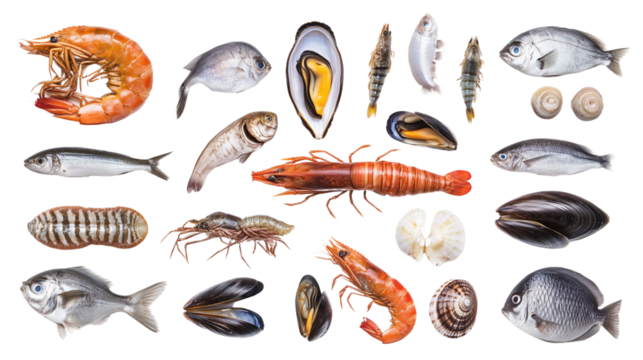 A set of assorted shellfish and small fish, including shrimp, sardines, and mussels isolated on transparent background (5)