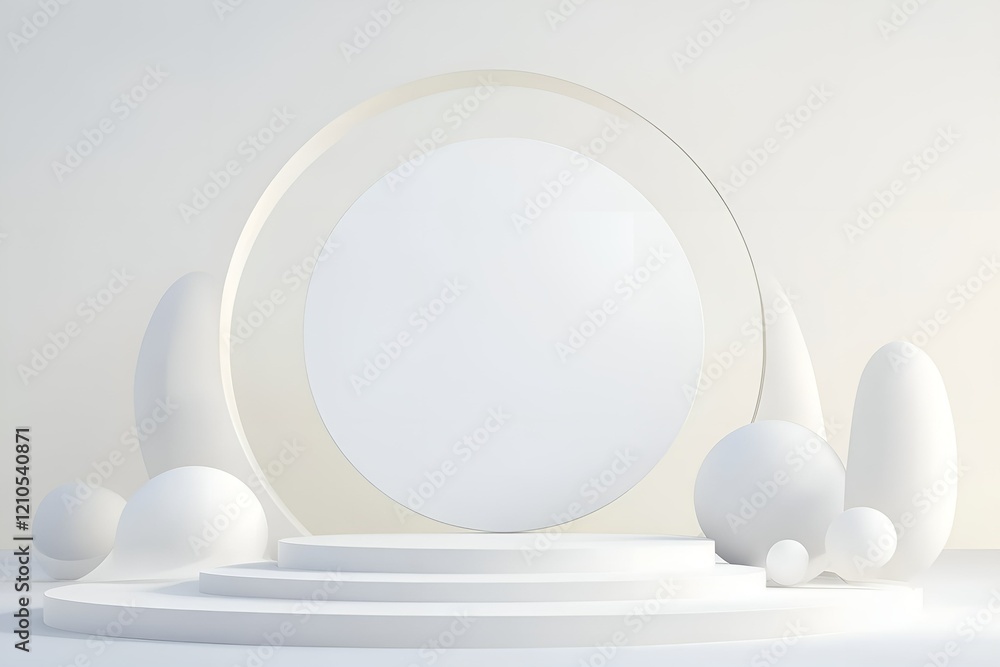 Poster minimalistic architectural composition with a circular focal point, layered platforms, and abstract 