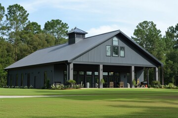 Obraz premium A modern gray Barndominium house style barn-style building with a peaked roof, large windows, and a porch. Surrounded by a lush green lawn and trees, it offers a serene outdoor setting.