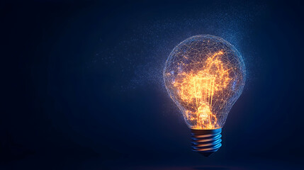 Glowing lightbulb, innovative idea, dark blue background, energy concept, stock photo