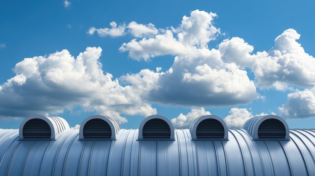 Metallic Grey Roof with Vents Against a Canvas of Blue Sky and Fluffy White Clouds