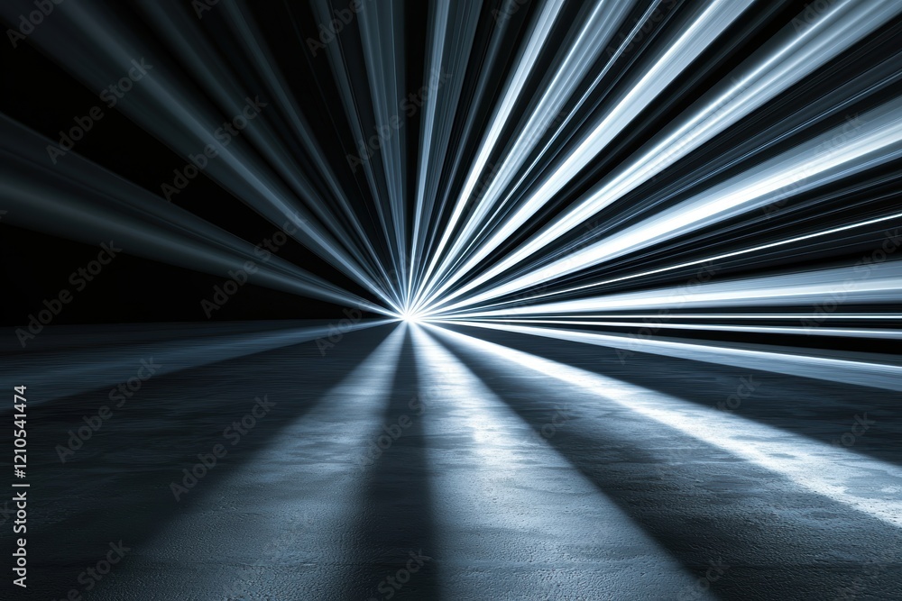 Poster dynamic light rays emanating from a central point dark environment abstract photography high contras
