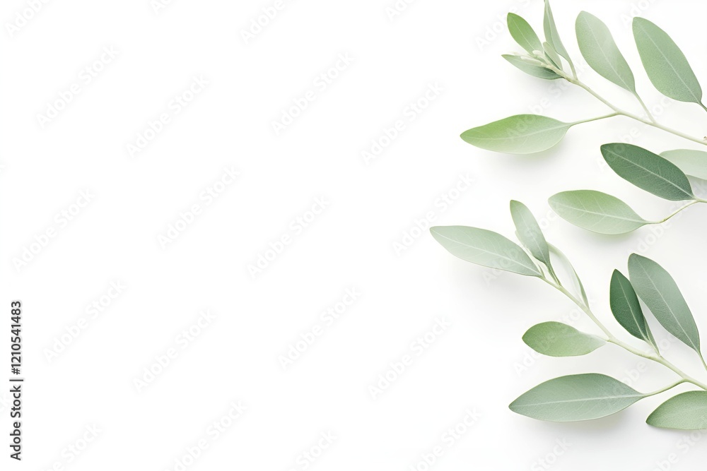 Poster eucalyptus branches with soft green leaves arranged on a clean white background, creating a minimali