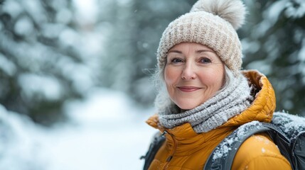 Obraz premium A smiling older woman in winter attire stands in a snowy forest, projecting warmth and resilience, This image is ideal for promoting winter travel, outdoor activities, or showcasing healthy aging,