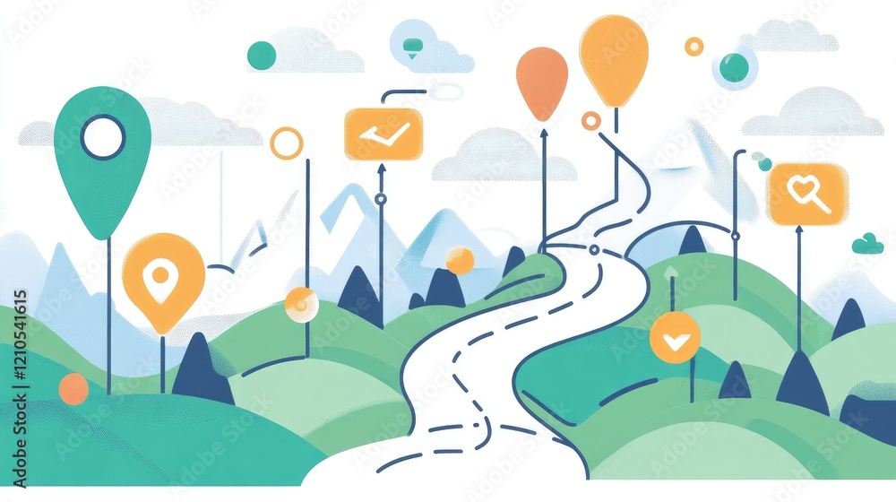 Poster a visual representation of a goal-setting journey with a path marked by milestones and checkpoints, 