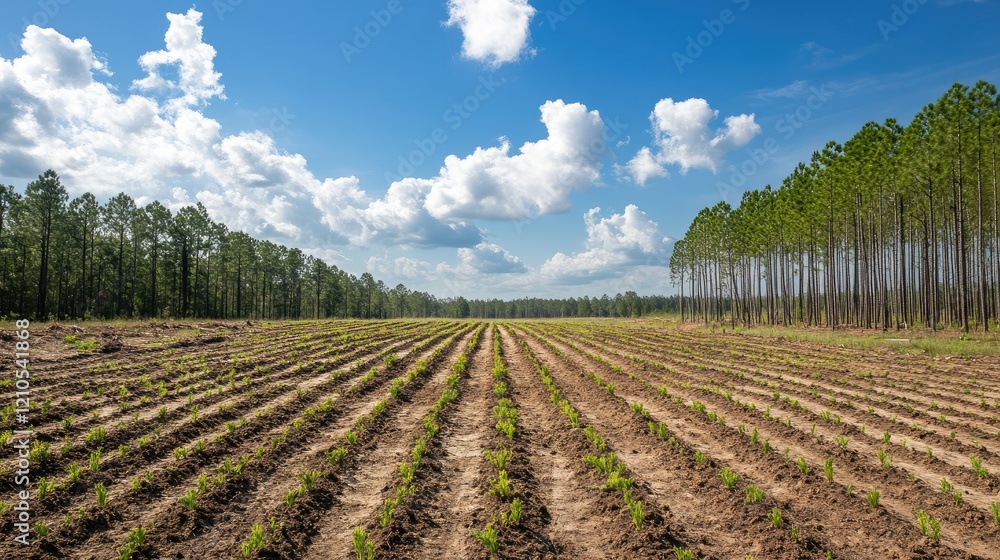Poster a wide shot of a reforestation project with rows of newly planted trees in a cleared field, showing 