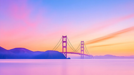 Golden Gate Bridge sunrise, San Francisco bay, pastel sky, calm waters, travel poster