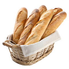 A fresh baguette still warm from the oven, sitting in a wicker basket lined with a white cloth. The image is isolated on a transparent background.