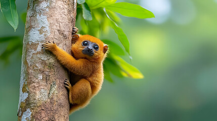 Obraz premium Golden Lion Tamarin clinging to a tree trunk in a lush rainforest. Perfect for wildlife documentaries or nature magazines