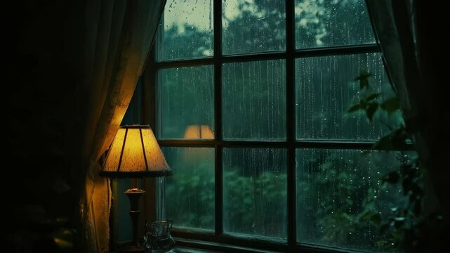 Cozy nighttime rainfall with warm lamp by window