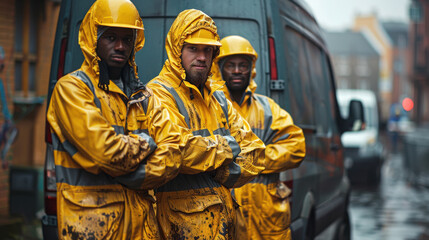 Fototapeta premium Young and happy male movers in protective suits standing in front of van.