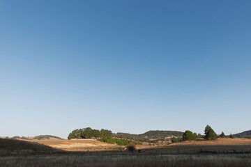 Expansive landscape under clear blue sky in rural area during daytime