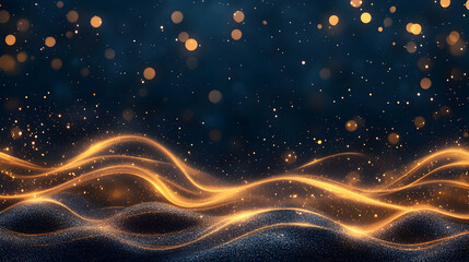 Obraz premium Golden waves shimmering on dark background, bokeh lights, festive celebration, ideal for luxury event promotion