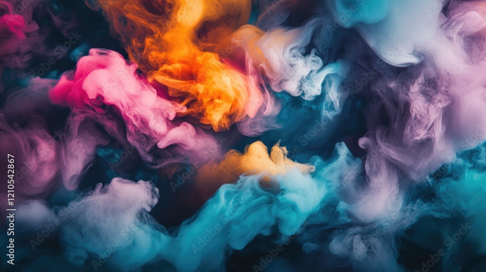 Poster vibrant swirls of multicolored smoke against a dark background, creating an ethereal and dynamic abs
