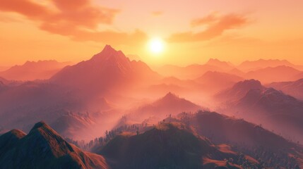 The sun rising over a mountain range, with the early morning light casting long shadows and illuminating the peaks in warm, golden hues.