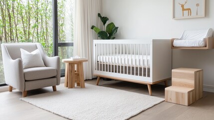 Modern nursery with crib, chair, and changing station. Peaceful background. Ideal for parenting blogs