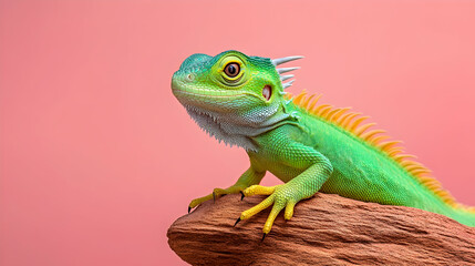 Naklejka premium Green iguana perched on wood, pink background, reptile portrait, pet animal photography, website banner