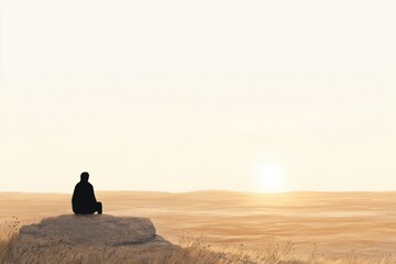 Timid creature gazes at vast, empty landscape filled with warm hues of dusk under a gentle sunset sky