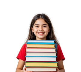 This portrait is young schoolgirl carrying school books and isolated on a transparent background.
