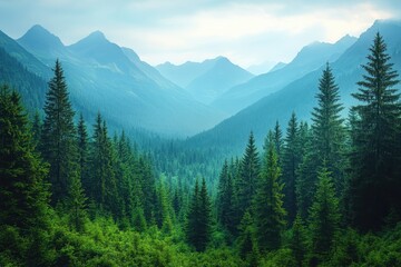 Fototapeta premium Beautiful alpine forest with tall green trees creating a majestic view