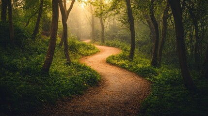 Obraz premium Winding path through a sunlit, misty forest.