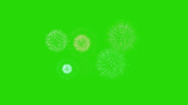 A green screen shot featuring a vibrant and colorful fireworks display lighting up the sky with bursts of light and colors. New Year and 4th of July concept.