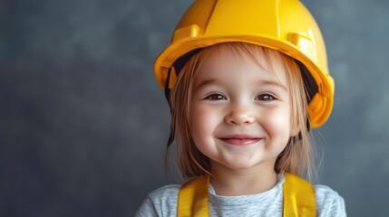Happy toddler girl wearing a yellow hard hat and safety vest, smiling at the camera.