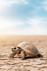 Obraz premium Hesitant tortoise clings to its shell while surrounded by abundant opportunities in a sunlit landscape