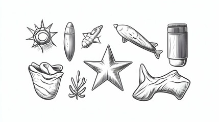 Obraz premium Hand-drawn sketch of various objects including weapons, sea life, and stars, suitable for military, nautical, or space themes