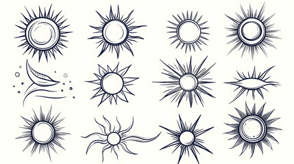 Hand-drawn sun icons; various styles; white background; design elements; for website or app