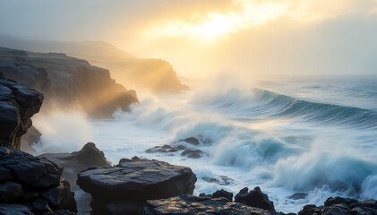 Crashing waves against the rugged coastal cliffs, bathed in a golden sunset glow