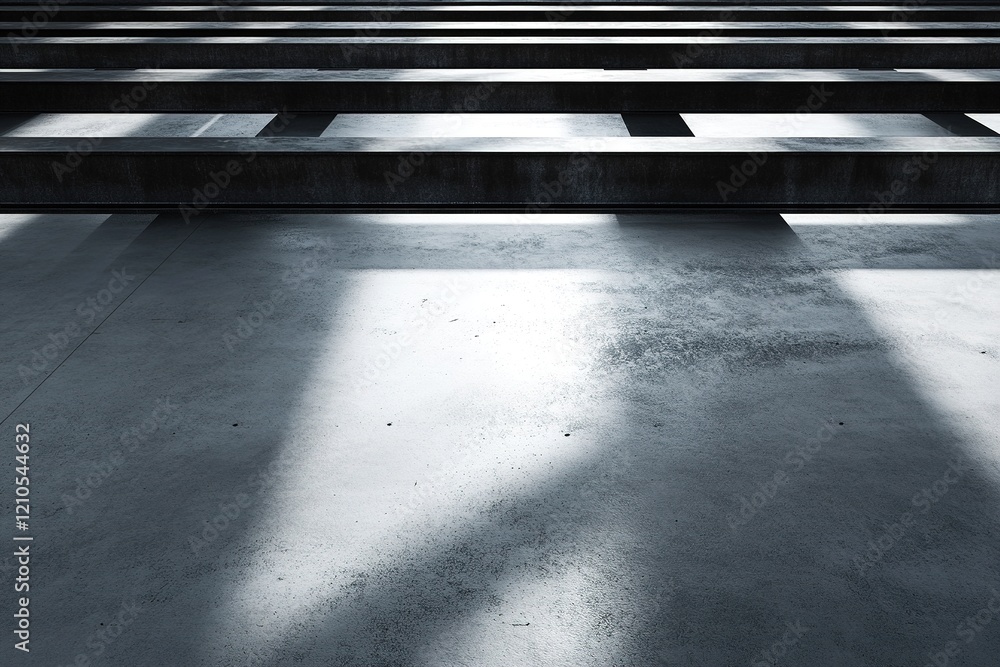 Poster overlapping black steel beams cast linear shadows on a smooth concrete surface, showcasing a strikin