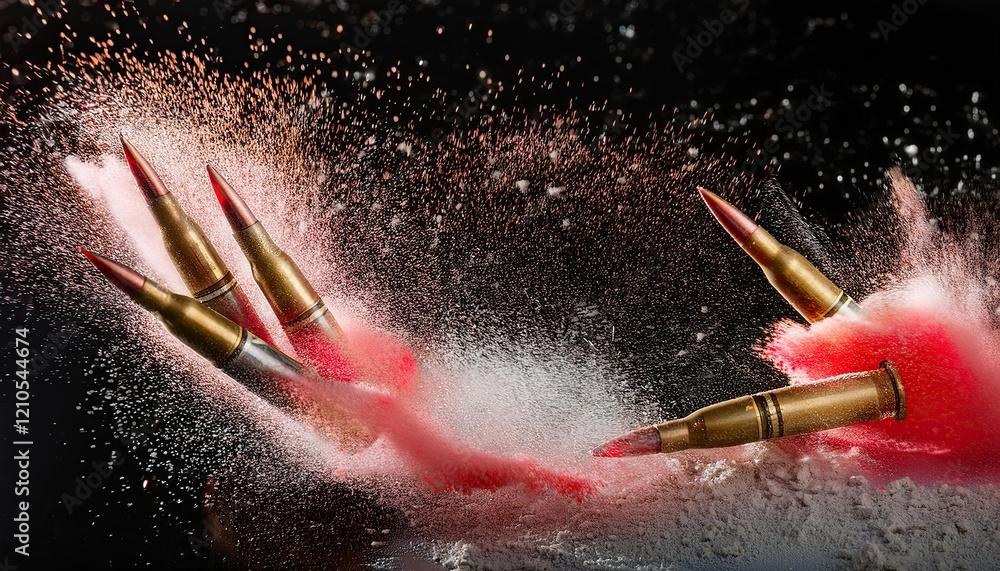 Poster explosive visualization of bullet splashing in red liquid