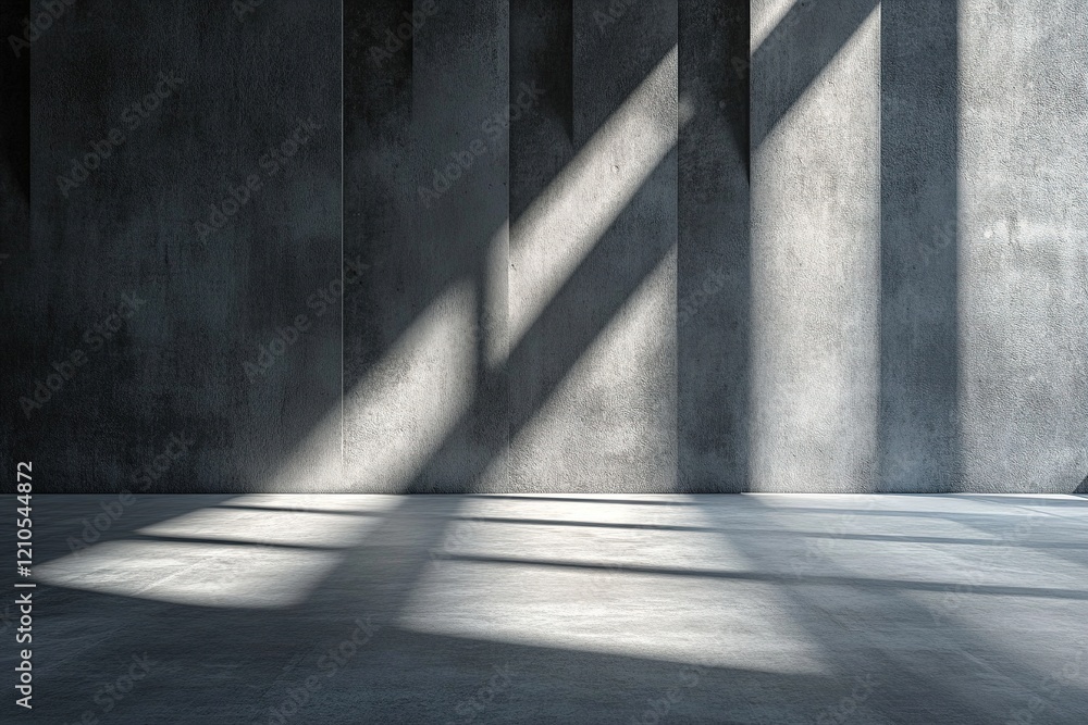 Poster strong steel beams create intersecting shadows across a smooth concrete surface in a spacious area. 