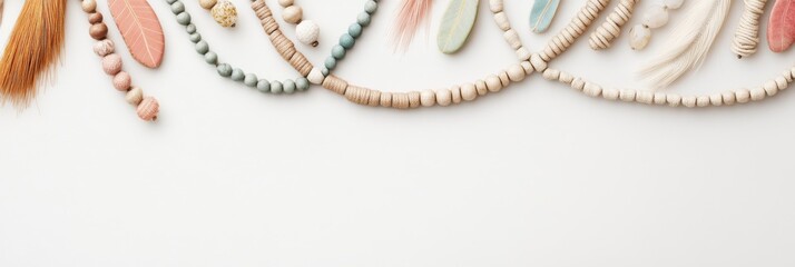 Fototapeta premium Handcrafted fiber art necklace showcasing vibrant colors and intricate textures on a minimal backdrop