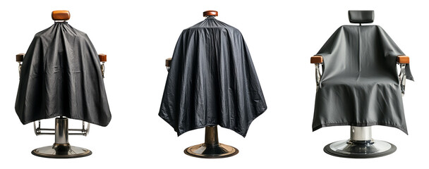 Three barber chairs with capes isolated on a transparent background