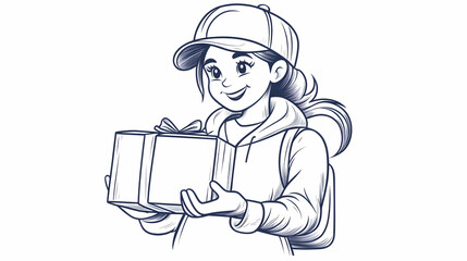 Happy girl delivering gift; outdoor background; illustration for gift-giving occasions