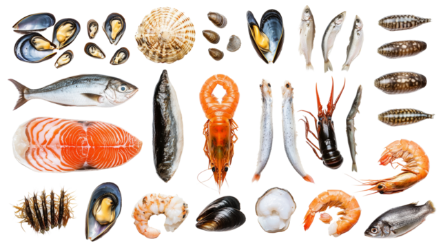 A set of assorted shellfish and small fish, including shrimp, sardines, and mussels isolated on transparent background