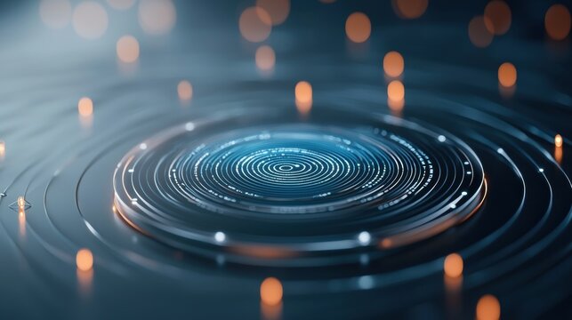 Glowing digital fingerprint with light trails and binary code on reflective surface, hightech security